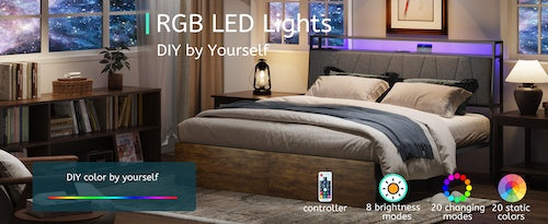 Full Bed Frame With Storage, Ergonomic Headboard, Bed Frame With 2 Storage Drawers, Built In Charging Station & LED, Outlets & USB, Full Size, Noise Free, No Box Spring Needed, Rustic Brown