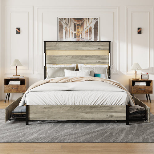 Queen Size Bed Frame With Headboard And 4 Storage Drawers , Queen Bed Frame With Charging Station And LED Lights, Wood Slats, Easy Assembly,No Box Spring Needed,Industrial Gray