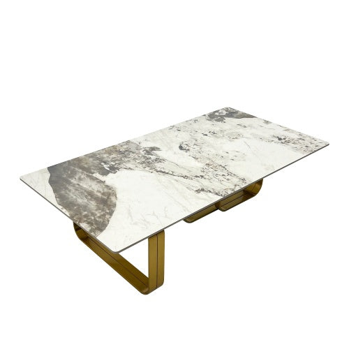 Modern Rectangular Coffee Table With Sintered Stone Top, Gold Metal Frame, For Living Room