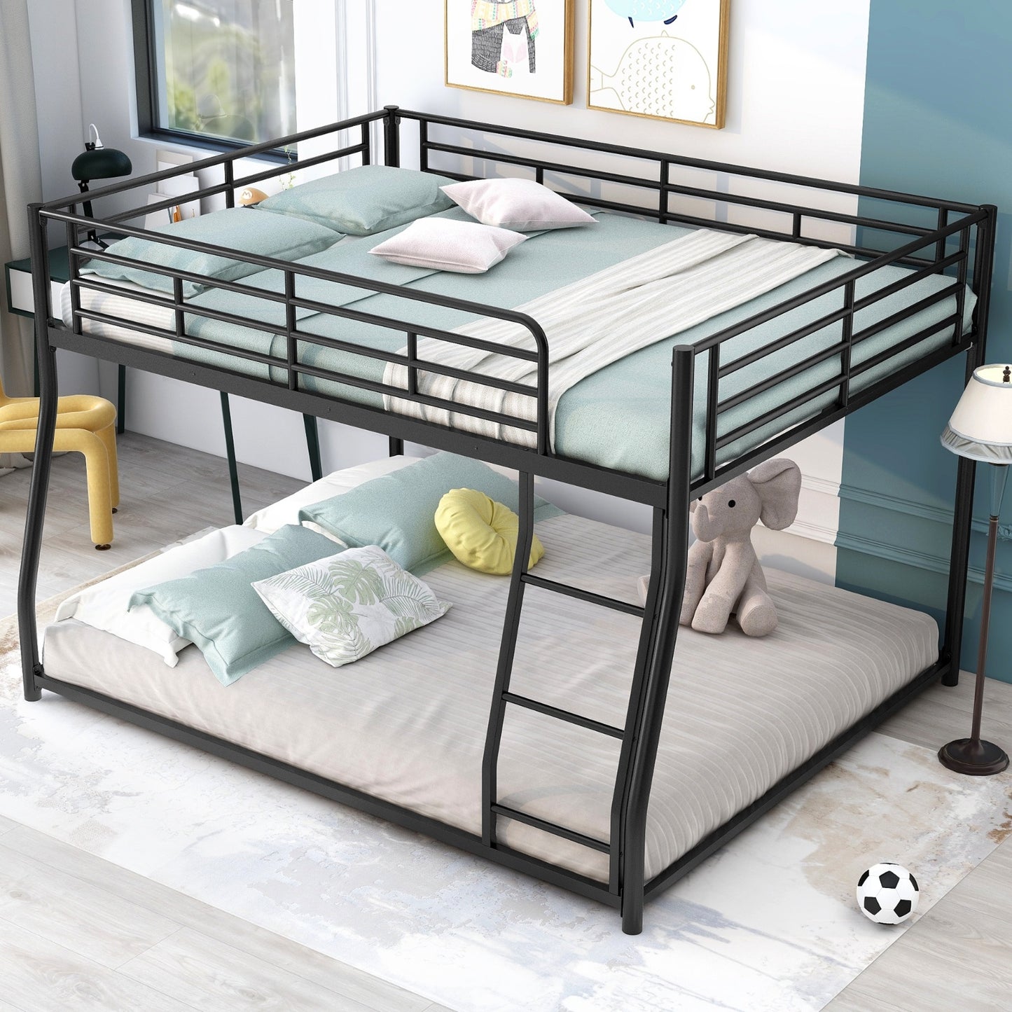 Metal Floor Bunk Bed, Full XL Over Queen, Black