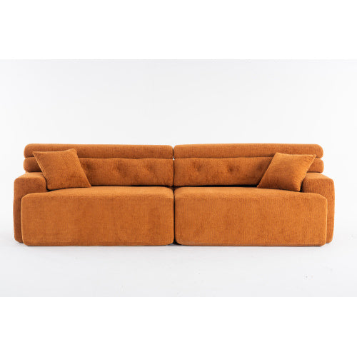 LY-029 ORANGE COMPRESSION SOFA 4-seater Combined Sofa, Wood Grain Chenille Fabric, Full Sponge Compression Sofa,combined Sofa With 2 Pillows For Living Home Furniture Apartment