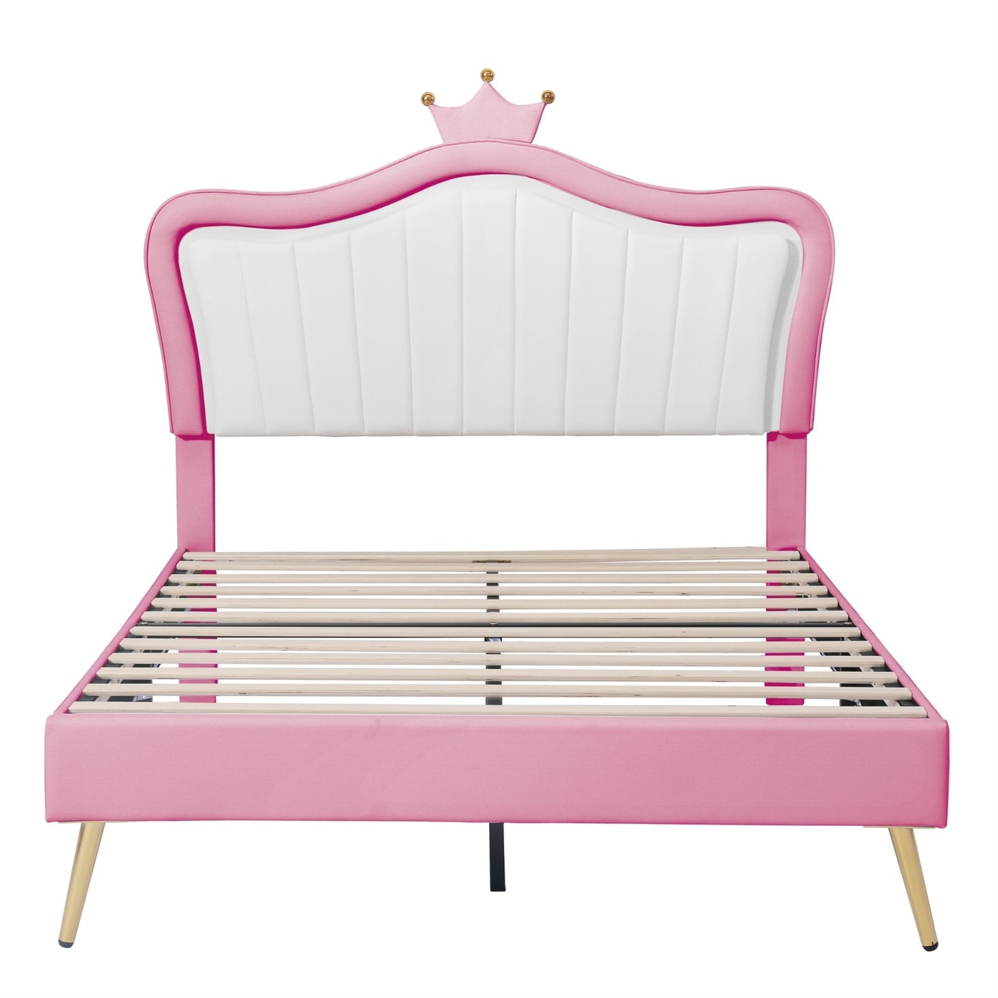 Full Size Upholstered Bed Frame With LED Lights & Crown Headboard