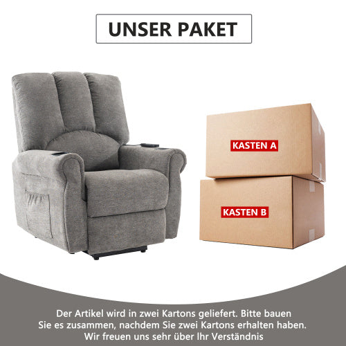 Electric Lift Grey Senior Chair - Single Motor, Heated Massage, Stand Assist, Storage Pockets, Cup Holders