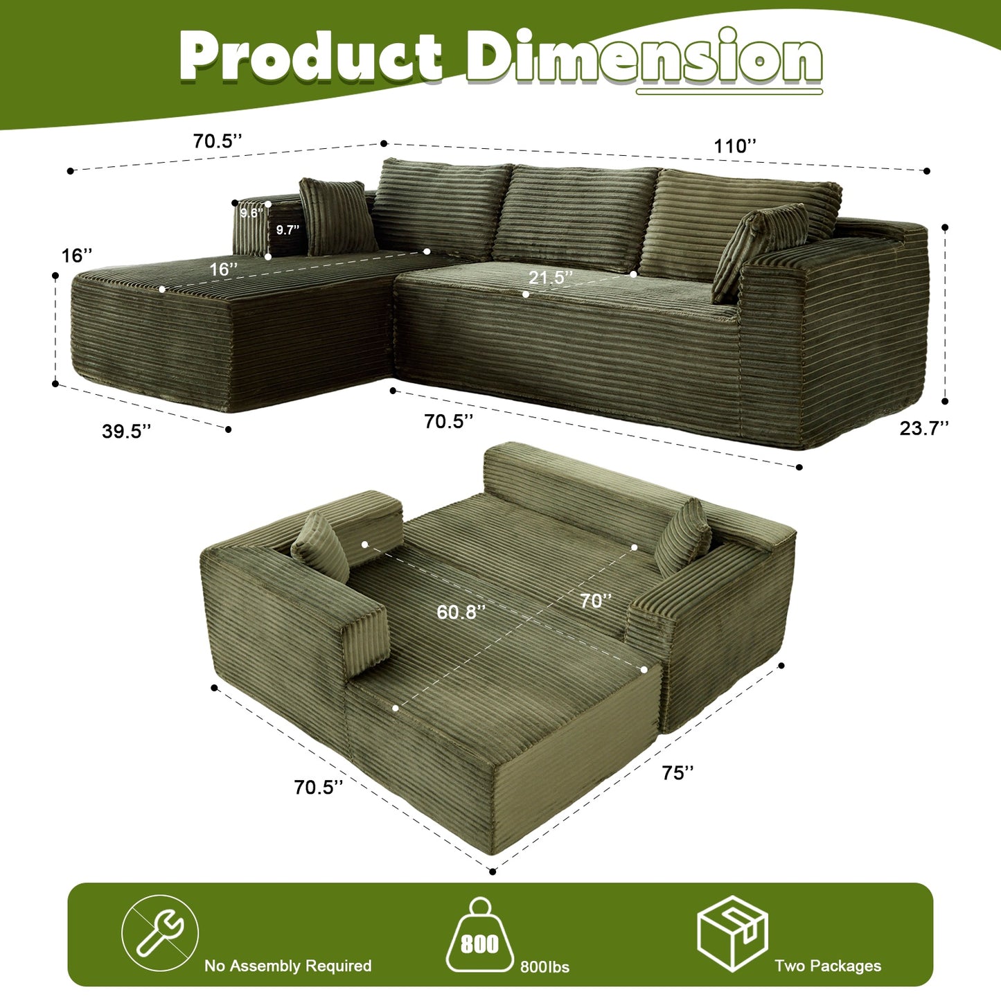 L-Shaped Compression Sofa Bed With Corduroy Fabric - Convertible Sectional Sofa, Foldable Floor Couch Sleeper, Space-Saving Flannel-Like Lounge For Small Apartments, Living Room & Game Room NO TUME