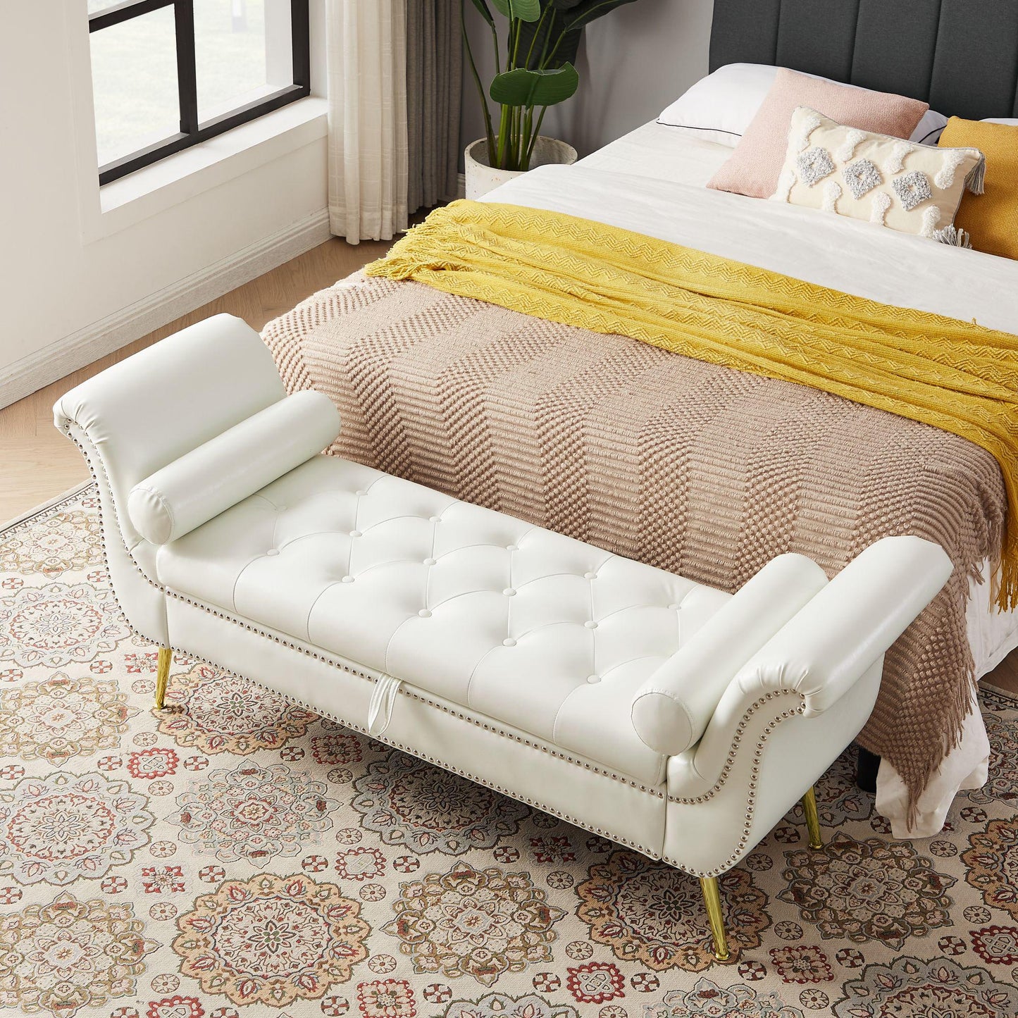 Sitting Bench PU Leather with Storage Space and 2 Pillows Hardware Feet