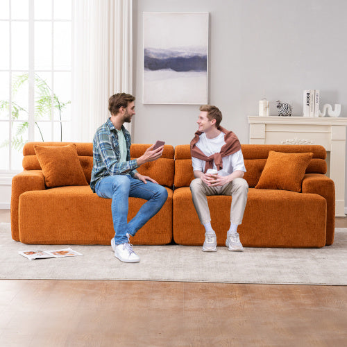 LY-029 ORANGE COMPRESSION SOFA 4-seater Combined Sofa, Wood Grain Chenille Fabric, Full Sponge Compression Sofa,combined Sofa With 2 Pillows For Living Home Furniture Apartment