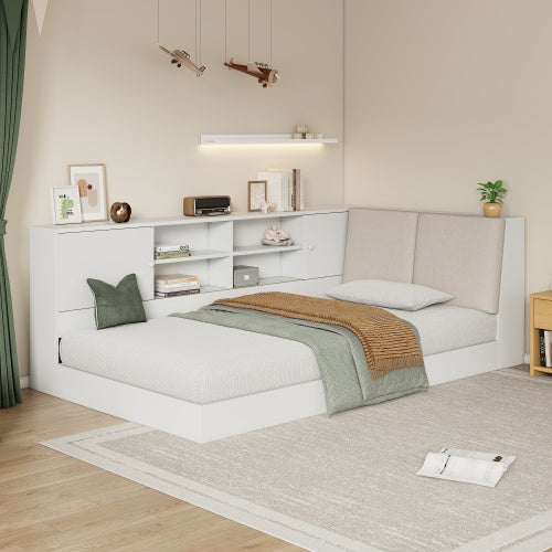 Wooden Twin Size L-shaped Daybed Floor Corner Bed With Storage Bookcase And Upholstered Headboard And USB Charging Ports For Limited Space