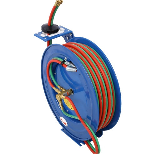 Welding Hose Reel Retractable 1 4 Inch Foot Twin Oxygen Acetylene Rubber Hoses STD Duty Max 200PSI Heavy Duty Industrial Single Arm Construction
