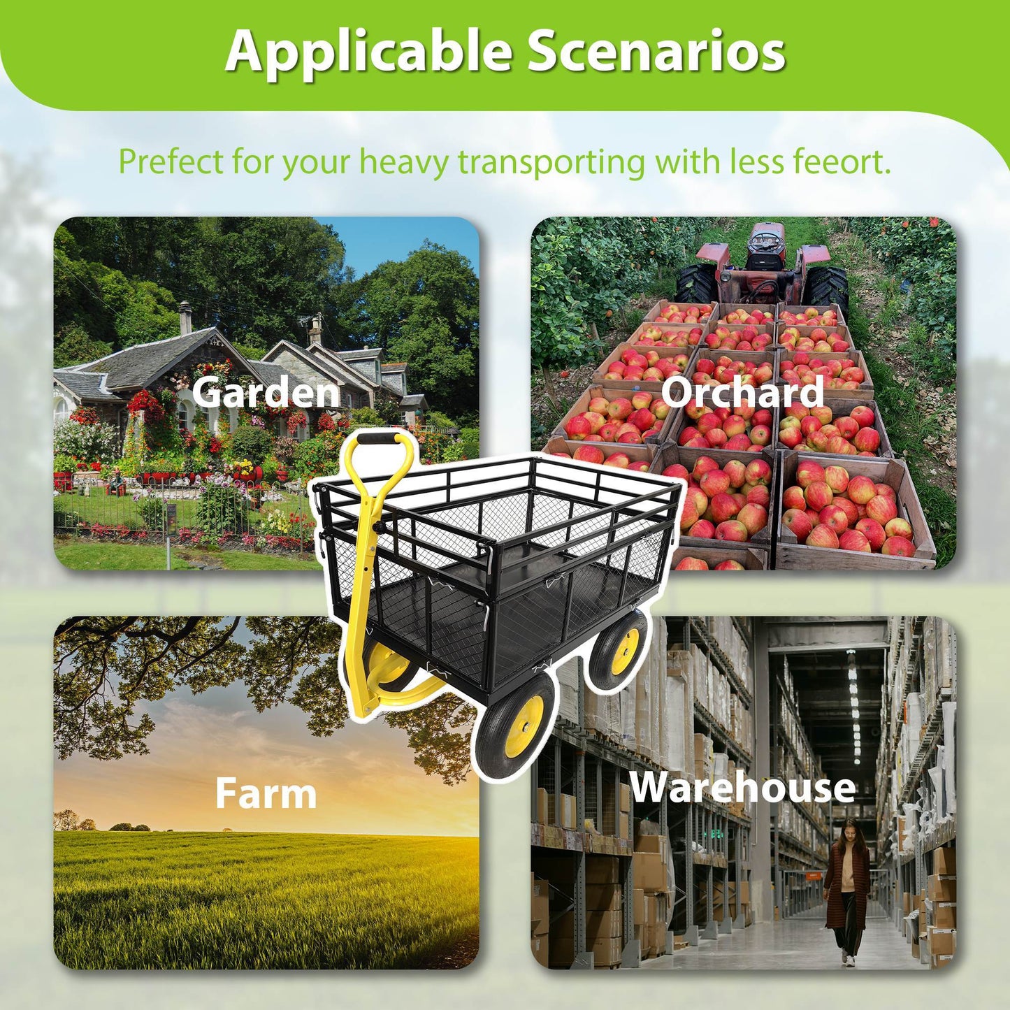 Steel Garden Cart, Heavy Duty 1400 Lbs Capacity, With Removable Mesh Sides To Convert Into Flatbed, Utility Metal Wagon With 2-in-1 Handle And 16 In Tires, Perfect For Garden, Farm, Yard