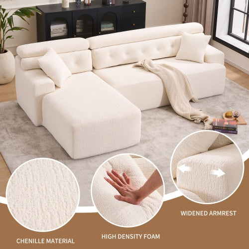 LY-029B WHITE COMPRESSION SOFA Combining Chaise Longue With 3-seater Wood Grain Chenille Fabric, Full Sponge Compression Sofa,combined Sofa With 2 Pillows For Living Home Furniture