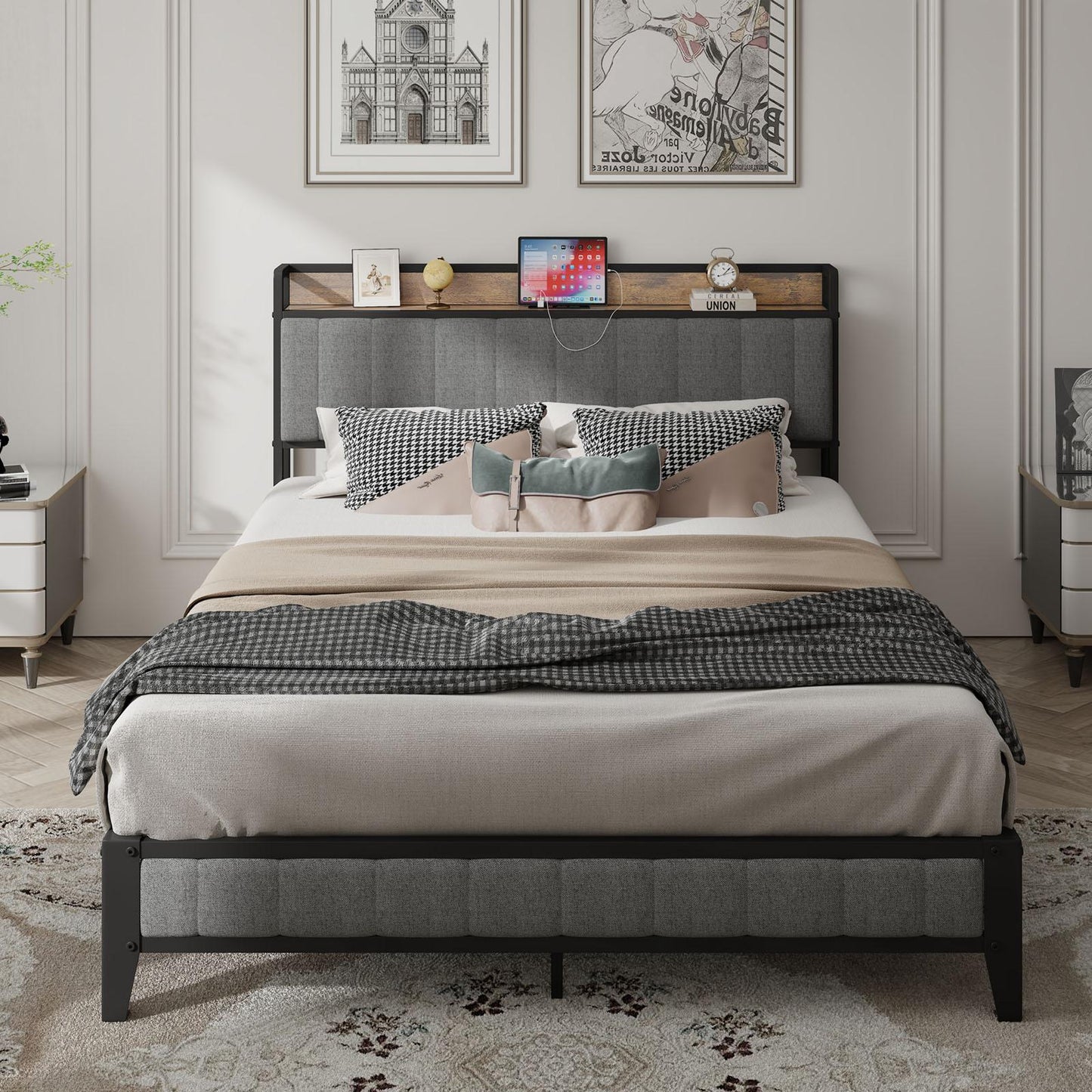 Queen-Size,Full metal bed frame with charging port at the head of the bed.