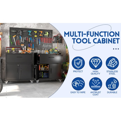2 Door X 1 Drawer Tool Cabinets For Garage, Lockable Garage Storage Cabinet, Locking Metal Storage Cabinet With Wheels, Rolling Tool Chest, Assembly Required H35.4  W30.3xD18