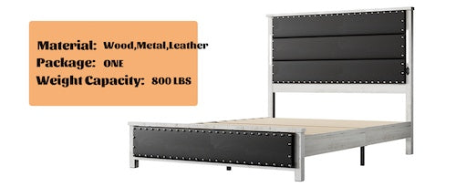 Queen Size Bed Frame With Upholstered Headboard, Queen Bed Frame With Charging Station And LED Lights, Wood Slats, Dark Gray Faux Leather & Rivets, No Box Spring Needed, Easy Assembly