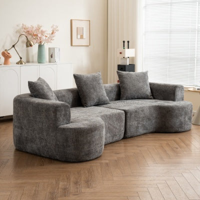Modern Style Curved Sofa, Soft Corduroy Sofa With 3 Pillows, Living Room Milky White Ultra Smooth Curved Fabric Sofa