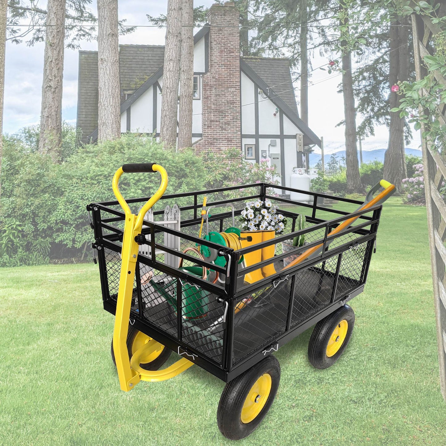 Steel Garden Cart, Heavy Duty 1400 Lbs Capacity, With Removable Mesh Sides To Convert Into Flatbed, Utility Metal Wagon With 2-in-1 Handle And 16 In Tires, Perfect For Garden, Farm, Yard