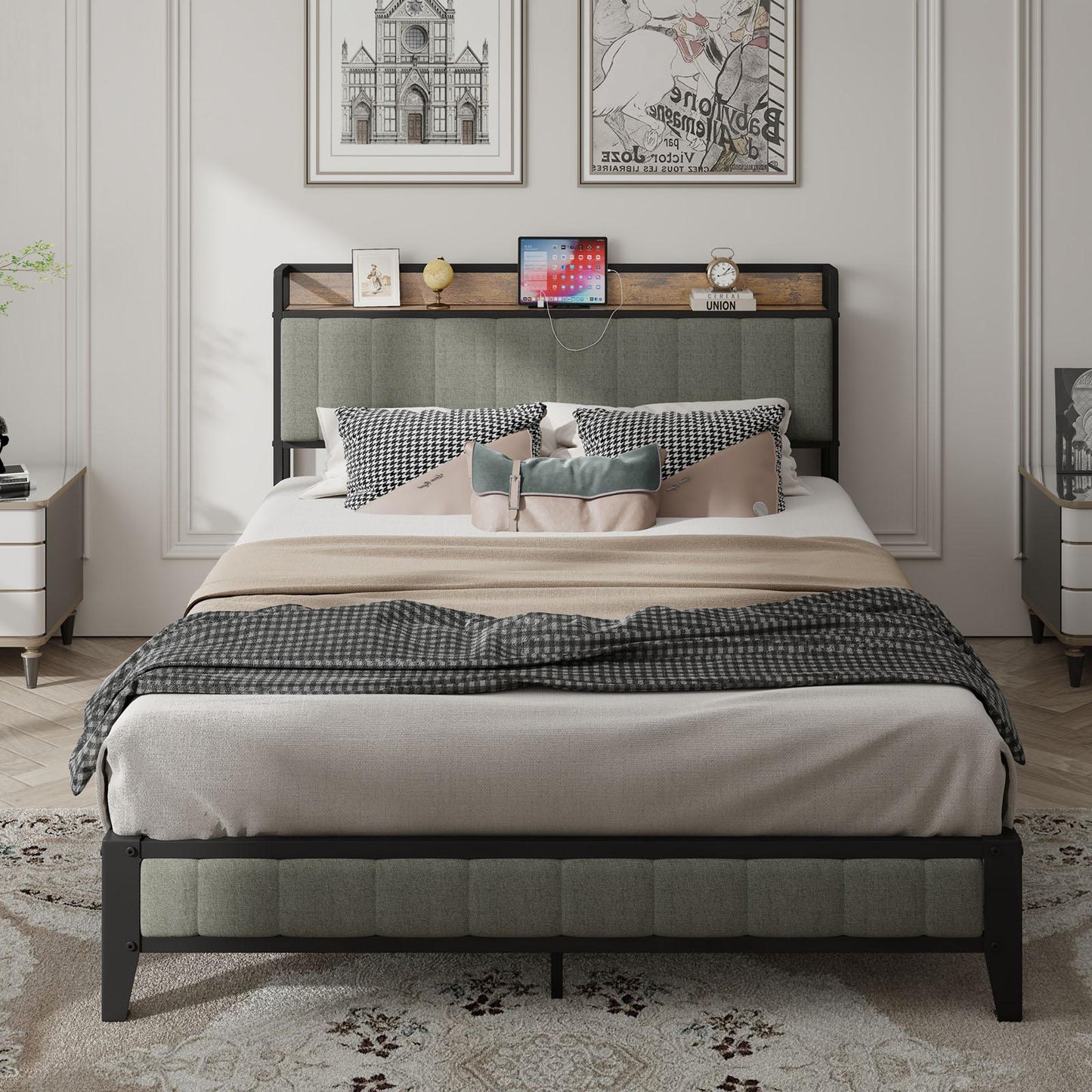 Queen-Size,Full metal bed frame with charging port at the head of the bed.