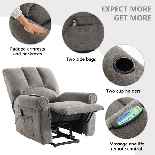 Electric Lift Grey Senior Chair - Single Motor, Heated Massage, Stand Assist, Storage Pockets, Cup Holders