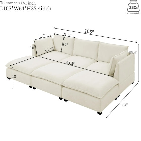 Comfy Cloud Couch Sectional 3 Seat Sofa With 2 Ottoman, Chenille Sofa Sleeper Deep Seat Sofa With Throw Pillows For Living Room Beige White