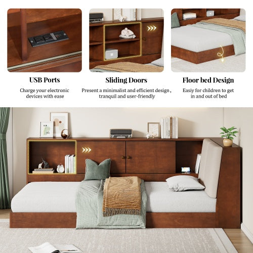 Wooden Twin Size L-shaped Daybed Floor Corner Bed With Storage Bookcase And Upholstered Headboard And USB Charging Ports For Limited Space