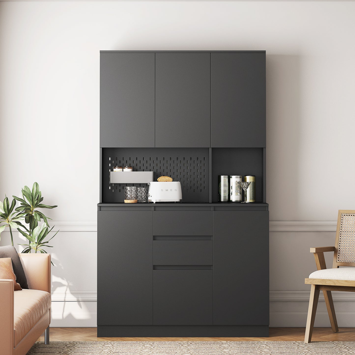 Freestanding Kitchen Pantry Cabinet Cupboard With 6 Doors,3 Shelves And 2 Drawer,Versatile Wardrobe & Kitchen Cabinet,Craft Storage Cabinet,Laundry Room Storage For Kitchen Black