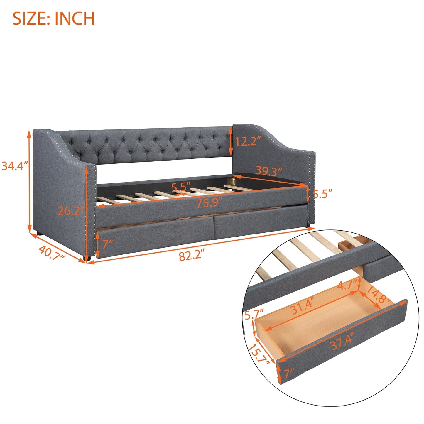 Twin Size Upholstered Daybed With 2 Drawers, Wood Slat Support, Gray