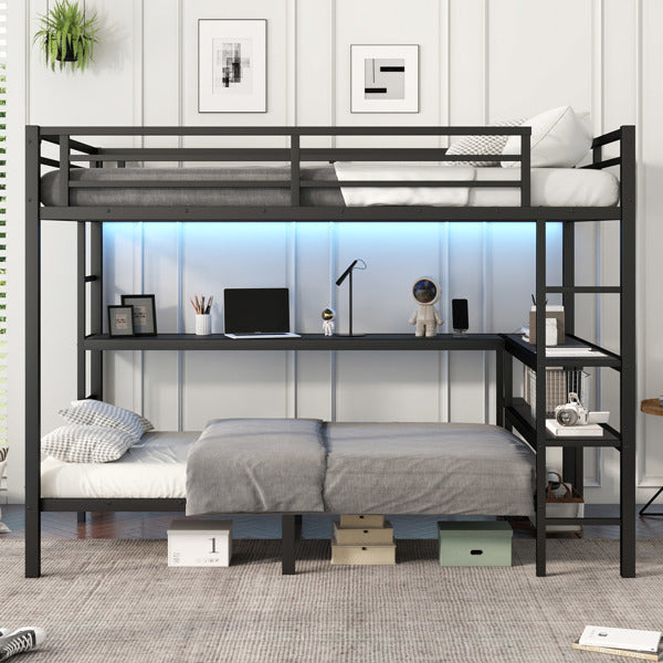 Full Sized Enlarged Bunk Bed With Desk And Shelf, Can Be Placed In Multiple Positions, Equipped With LED And USB, Black