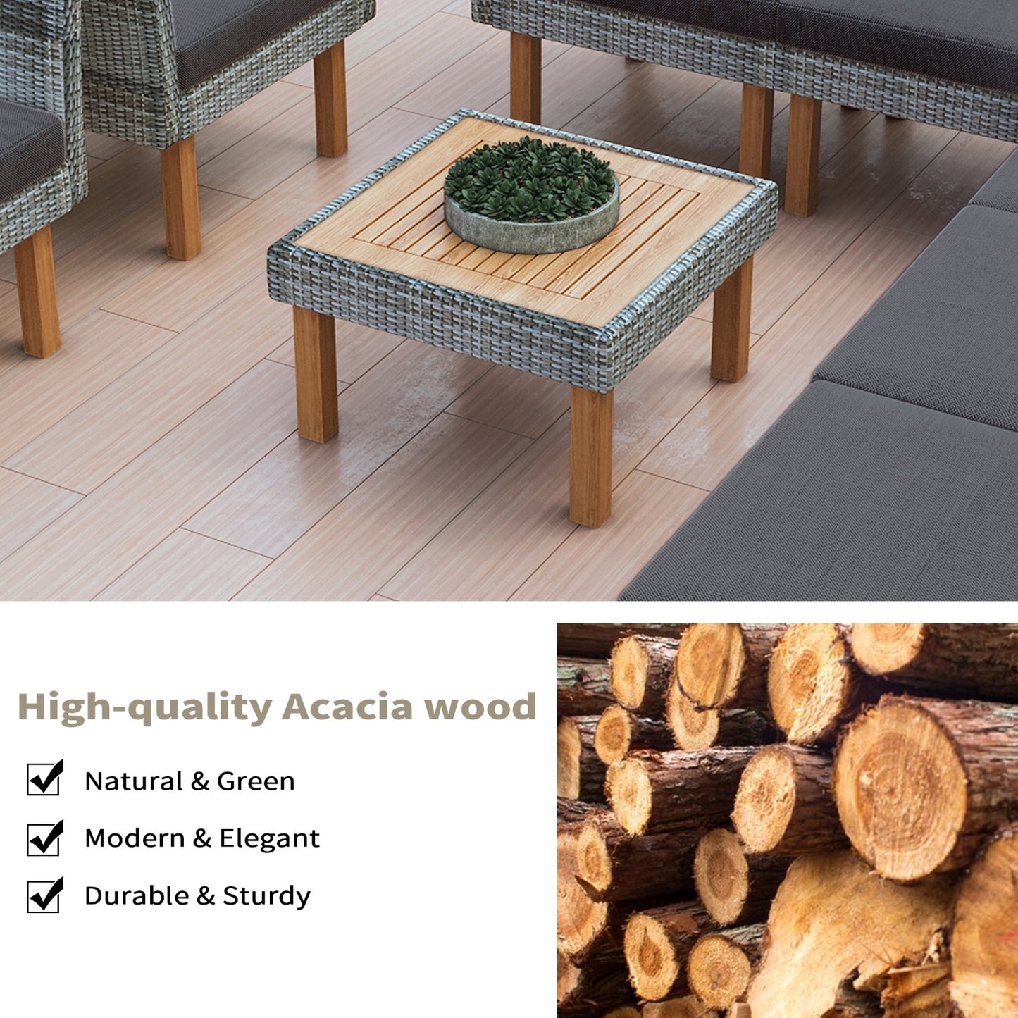 9-Piece Patio Rattan Set With Acacia Wood Legs & Tabletop, Outdoor Conversation