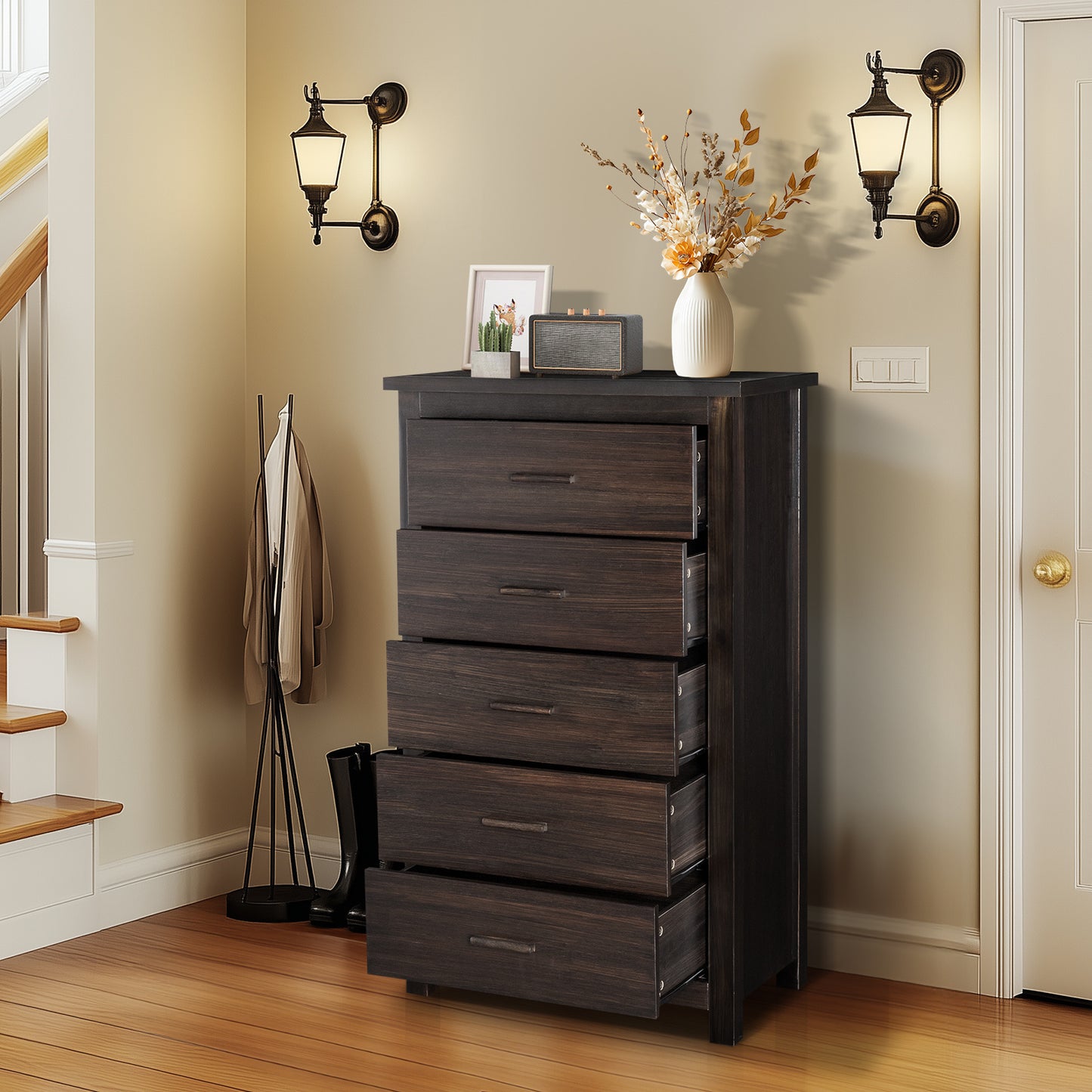 Brown Density Board With Solid Wood Veneer, Five Drawers In Vertical Arrangement, Drawer Cabinet