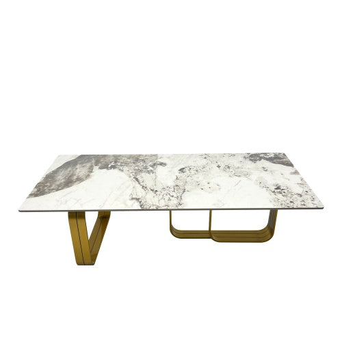 Modern Rectangular Coffee Table With Sintered Stone Top, Gold Metal Frame, For Living Room