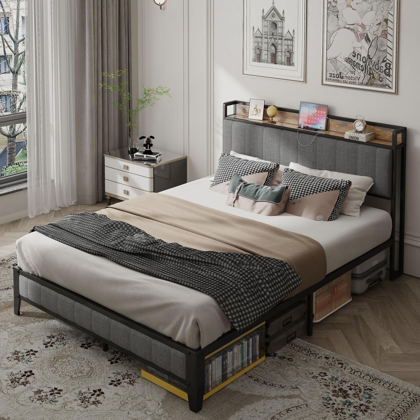 Queen-Size,Full metal bed frame with charging port at the head of the bed.