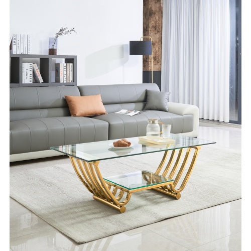 47 Rectangle Modern Stainless Steel Coffee Table, Double-Layer Clear Tempered Glass Coffee Table, Center Table Table With Storage, For Living Room Home Office, Easy Assembly, Gold