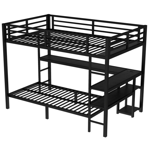 Full Sized Enlarged Bunk Bed With Desk And Shelf, Can Be Placed In Multiple Positions, Equipped With LED And USB, Black