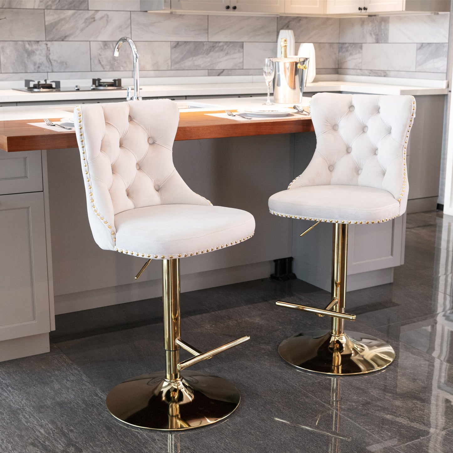 A&A Furniture,Golden Swivel Velvet Barstools Adjusatble Seat Height From 25-33 Inch