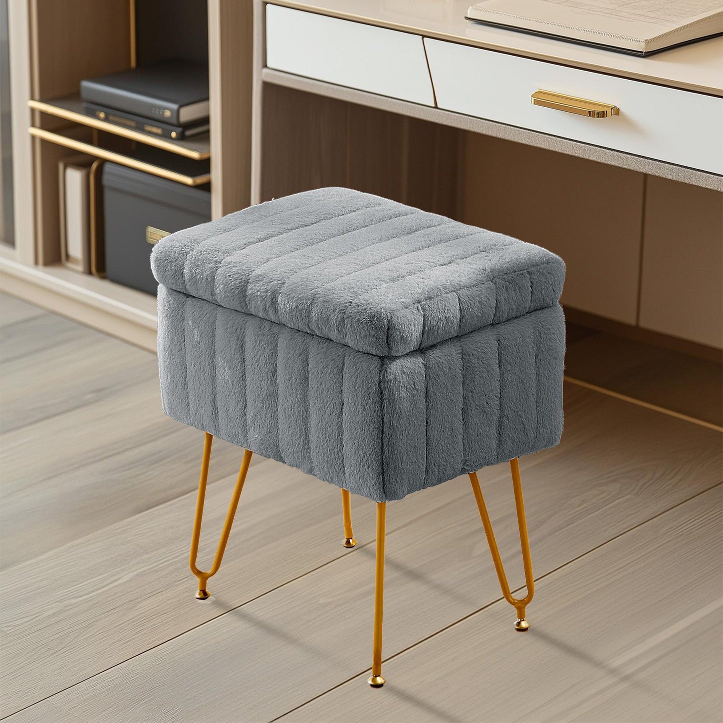 Vanity Stool Chair with Storage, Ottoman Faux Fur Soft Padded Makeup Footstools Seat with 4 Metal Legs Anti-Slip Adjustable Feet Modern