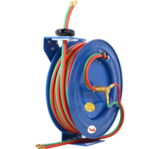 Welding Hose Reel Retractable 1 4 Inch Foot Twin Oxygen Acetylene Rubber Hoses STD Duty Max 200PSI Heavy Duty Industrial Single Arm Construction