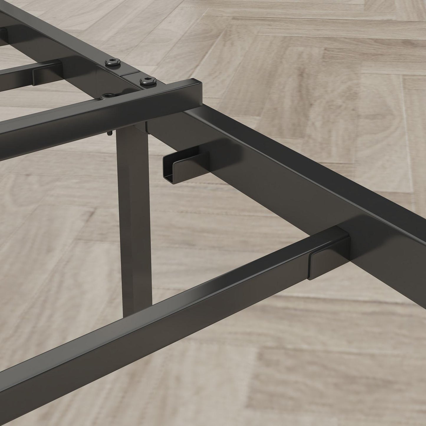 Queen-Size,Full metal bed frame with charging port at the head of the bed.