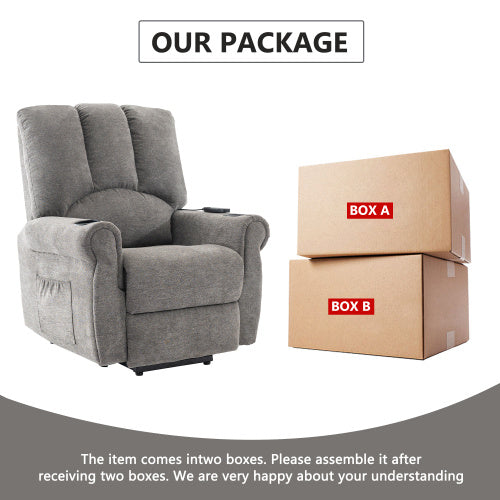 Electric Lift Grey Senior Chair - Single Motor, Heated Massage, Stand Assist, Storage Pockets, Cup Holders