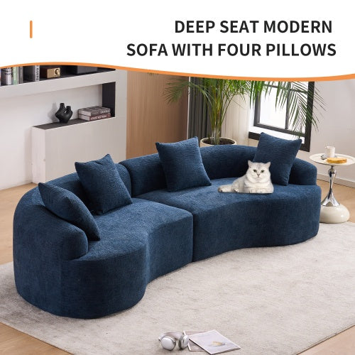 LY-025 COMPRESSION SOFA4 Seater Blue Sofa With Wood Grain Chenille Fabric, 30D ,60 Hardness Full Sponge,4 Pillows For Living Room, Home Furniture Sleeper Sectional Sofa For Apartment