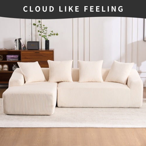 LY-023 WHITE COMPRESSION SOFA Combining Chaise Longue With 3-seater, Corduroy Fabric, Full Sponge Compression Sofa,combined Sofa With 4 Pillows For Living
