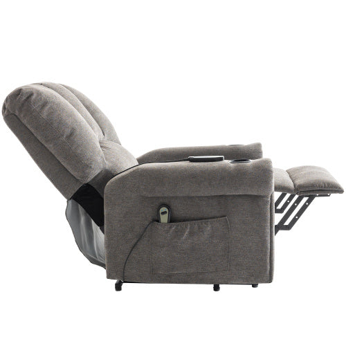 Electric Lift Grey Senior Chair - Single Motor, Heated Massage, Stand Assist, Storage Pockets, Cup Holders