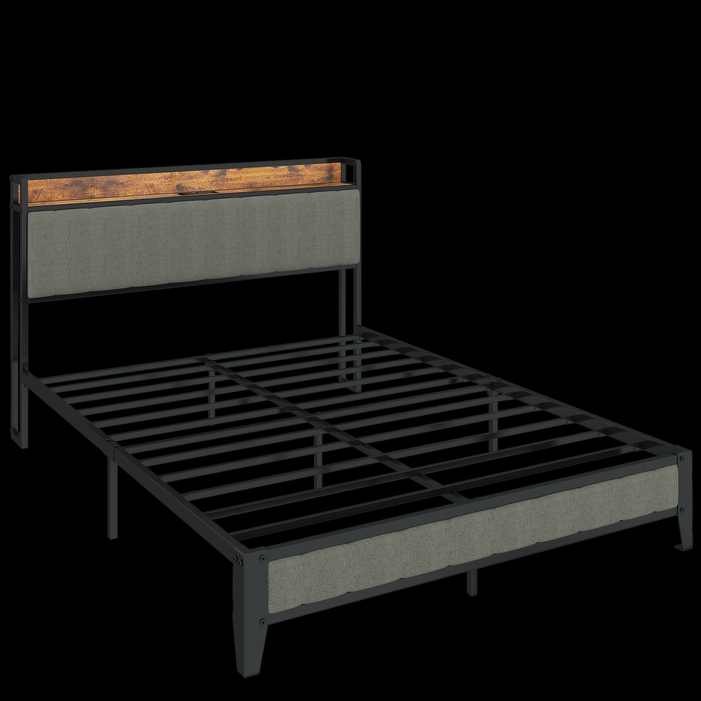 Queen-Size,Full metal bed frame with charging port at the head of the bed.