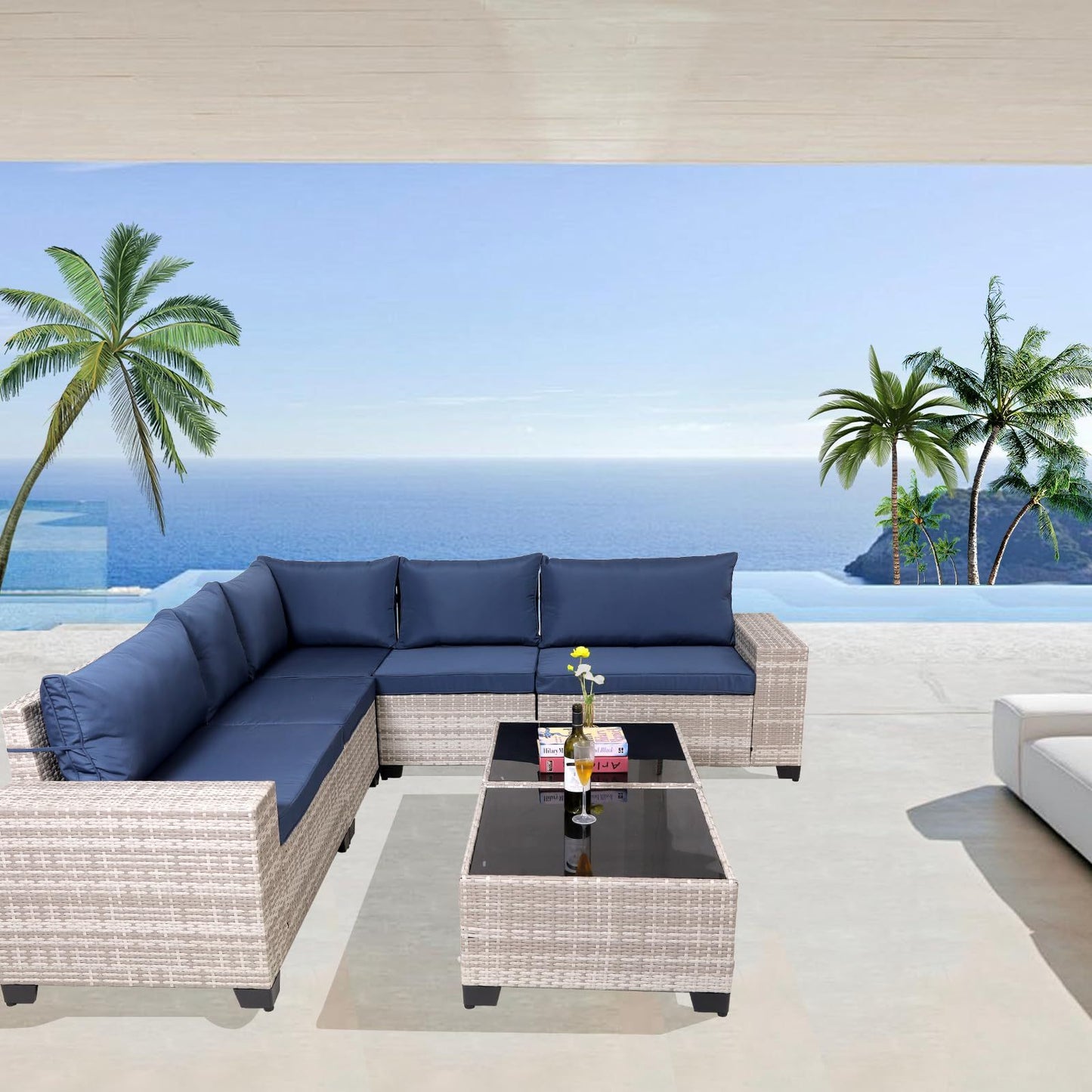 7-Piece Outdoor Patio Furniture Sets, All-Weather Wicker Rattan Sectional Sofa, Modern Two Glass Coffee Table And Washable Seat Cushion