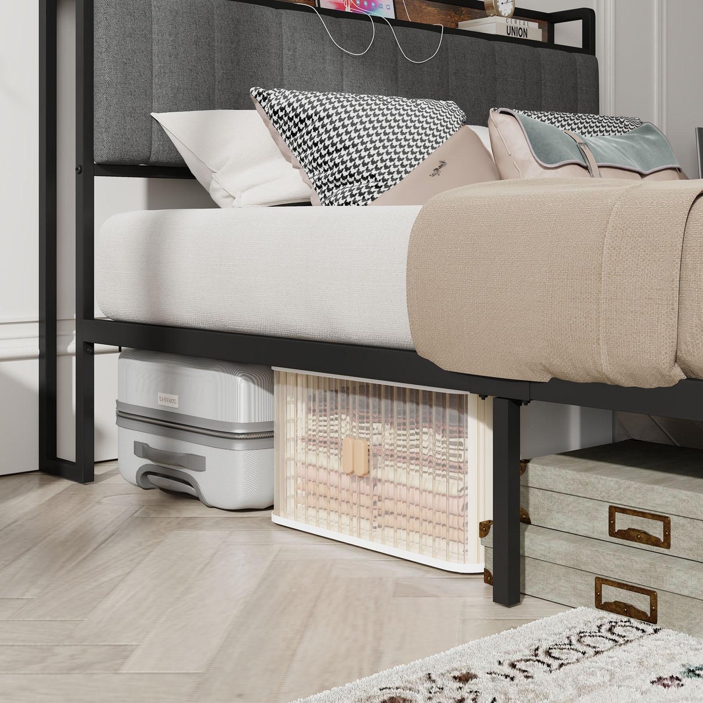 Queen-Size,Full metal bed frame with charging port at the head of the bed.