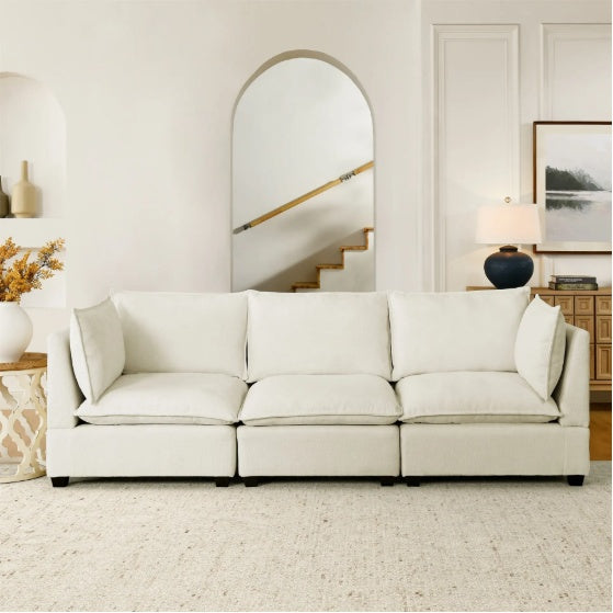 Modern Chenille Comfy Upholstered 3-Seat Sofa With 2 Lumbar Pillow, Deep Seat Sofa Sleeper For Living Room, Apartment, Office, Studio Beige White, 3-Seat