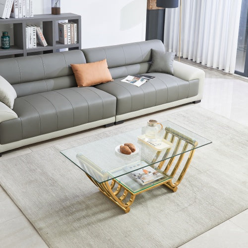 47 Rectangle Modern Stainless Steel Coffee Table, Double-Layer Clear Tempered Glass Coffee Table, Center Table Table With Storage, For Living Room Home Office, Easy Assembly, Gold