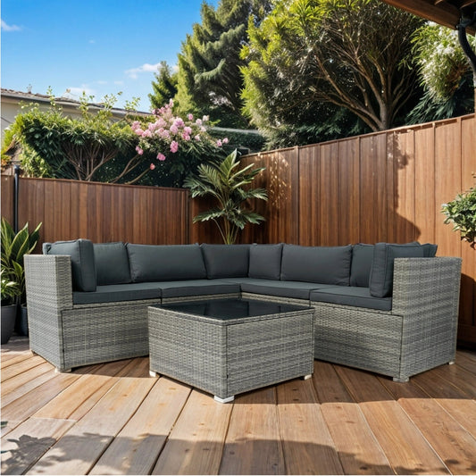 6 Pieces PE Rattan Sectional Outdoor Furniture Cushioned Sofa Set Grey Wicker, Dark Grey Cushion