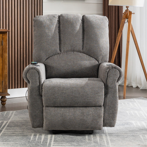 Electric Lift Grey Senior Chair - Single Motor, Heated Massage, Stand Assist, Storage Pockets, Cup Holders