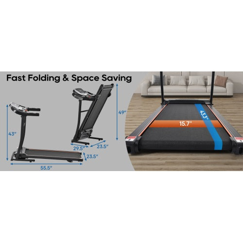 Folding Treadmill Electric Running Machine 2.5HP Motor 300LBS Weight Capacity Walking Jogging Machine With 3 Level Incline 12 Preset Programs For Home Gym