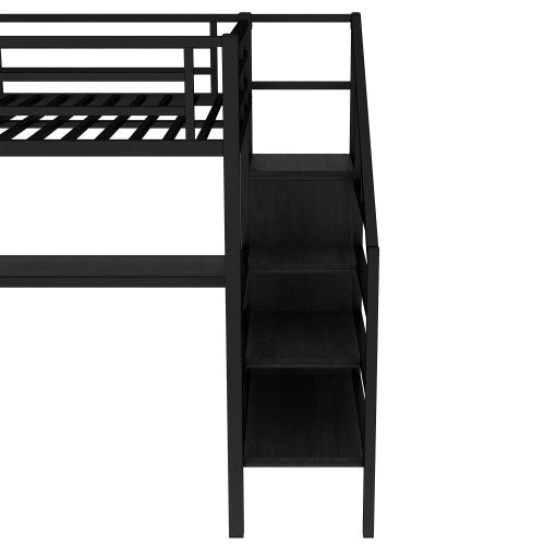 Full Size Loft Bed With L-shaped Desk And USB, Metal Loft Bed With Wardrobe And Adjustable Shelf, High Loft Bed With LED For Kids Teens Adults, Black