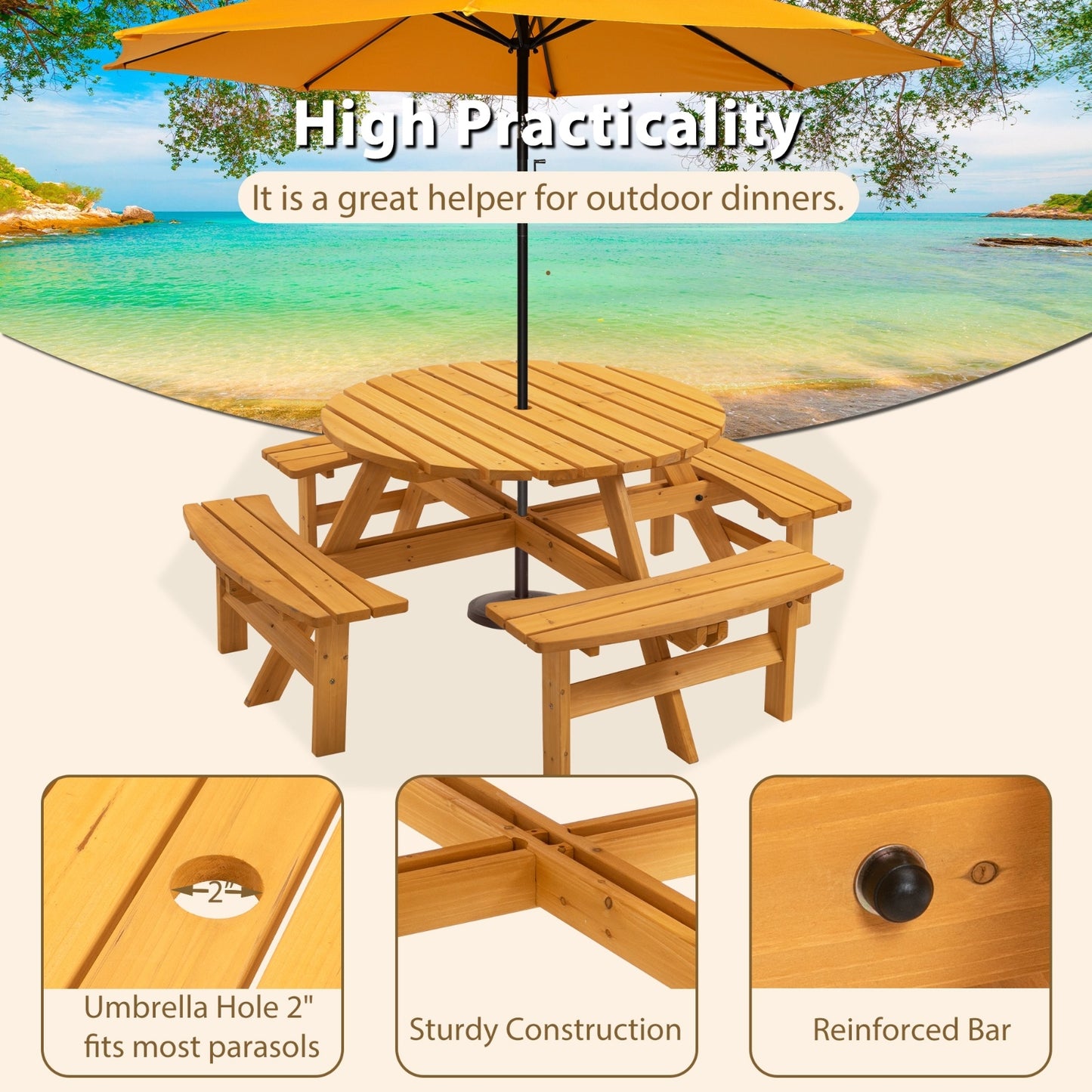 8 Person Wooden Picnic Table Outdoor Camping With 4 Built-in Benches